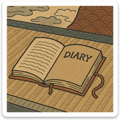 a diary, ukiyo-e style, Japanese woodblock print sticker