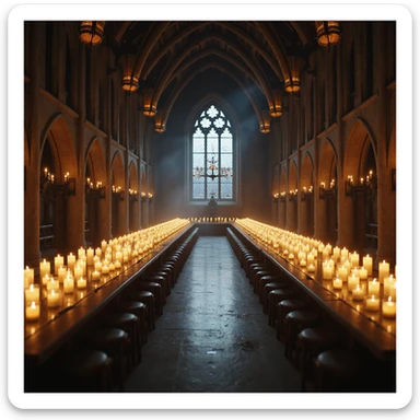 the Great Hall with floating candles and long tables, photorealistic style, Harry Potter series sticker