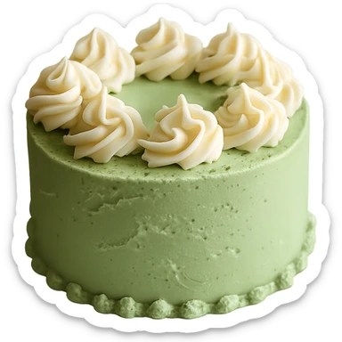 Remove the background, keep only the realistic round cake with matcha frosting and white chocolate curls, photorealistic style, transparent background. sticker