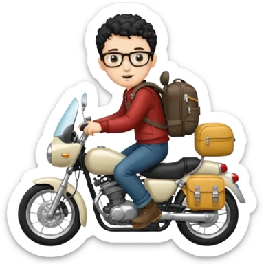 A young boy DEVELOPER WITH A backpack, black curly short hair, wearing glasses, a thin goatee, his skin is white, riding a motorcycle sticker