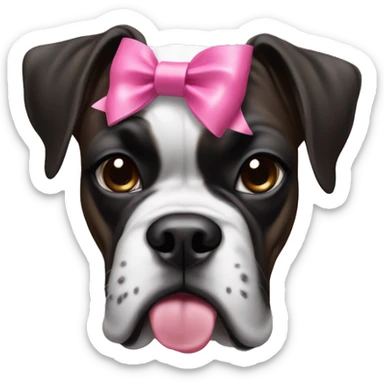 black and white boxer with a pink bow on her head and tongue sticking out sticker
