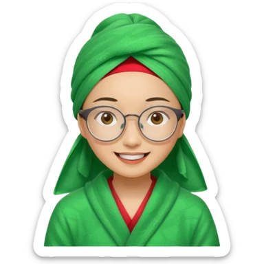 Asian woman wearing a green towel in her head with a broken glasses on her face in red pajamas sticker