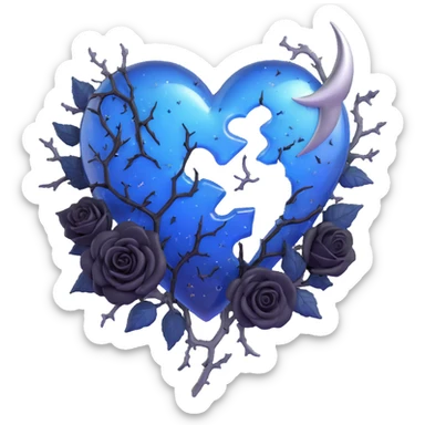 gothic broken heart 3D emoji, midnight blue glass, silver crescent moon, black roses, shimmering stardust, lightning bolt, rain-soaked, cracked and split glass, dramatic style sticker