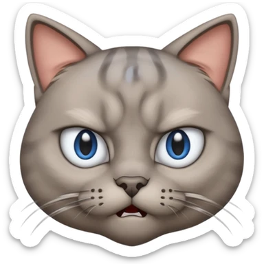 angry grey cat blue small slanted eyes. iphone real emoji style, made the cat look challenging sticker