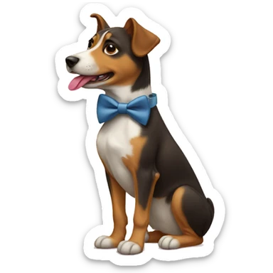 A dog with a bowtie licking a boot sticker