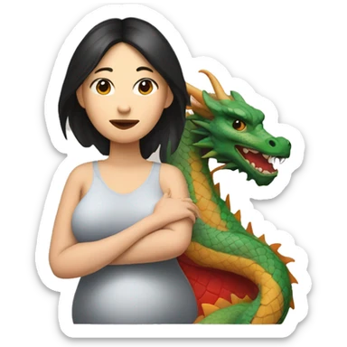 Pregnant woman looks asian with painting of dragon on forehand and shoulder sticker