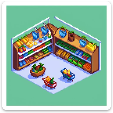 Isometric view of a supermarket with shelves of products, shopping carts, and checkout counters sticker