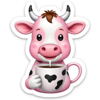 Cute pink cow drinking coffee sticker
