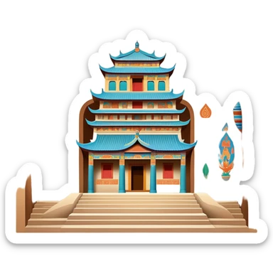 Mogao Caves Dunhuang with colorful Buddhist murals, simplified emoji style with bold outlines and bright colors, cartoon style cave entrance with paintings sticker