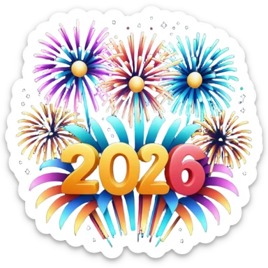 "Happy New Year 2026" in backdrop of colourful fireworks in 3d outline sticker