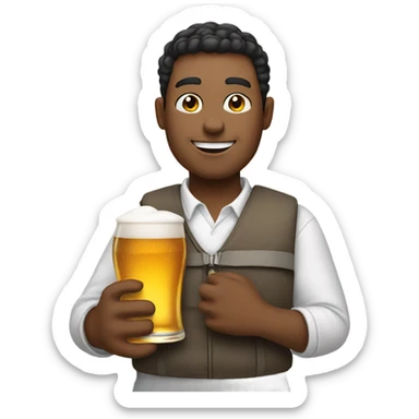 Smiling guy holding a white bag and beer sticker