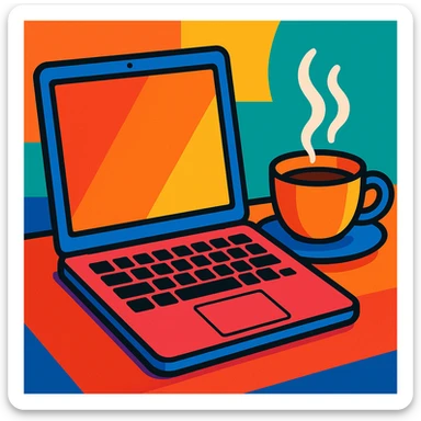 MacBook junto a una taza de café, estilo ilustración colorida y moderna sticker