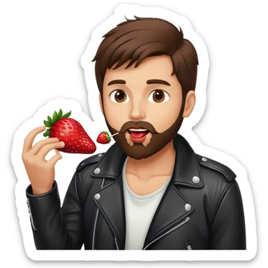 dressed with a black leather jacket, a brunette guy with a beard and toupee licking a strawberry sticker