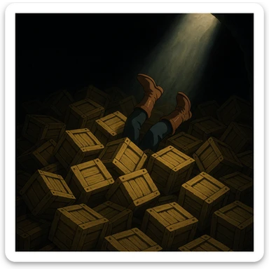A pile of small oblong crates hidden in a dark area with a beam of light shining from above, with someone’s boots sticking out like they dove in sticker