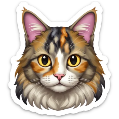 Maine coon black silver tortie et blanc avec une grosse tache noir sur un côté de la tête qui vient comme pour faire une moustache avec des couleurs assez vives  sticker