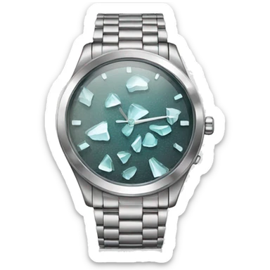 broken glass, silver wristwatch sticker