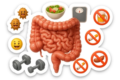 intestino umano anatomico realistico al centro, intorno al quale ruotano emoji stile iphone di: due batteri intestinali felici, una bowl di insalata, una bilancia pesapersone, manubri da palestra, e un boccale di birra con divieto 3d sopra, una sigaretta con divieto 3d sopra e un wurstel con divieto 3d sopra, fluttuano in aria, iperrealistico 4k sticker