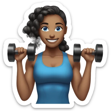 Gym girl lifting weights,baylage hair blue eyes, smiling wearing black gym leggings sticker