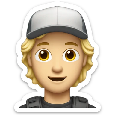 blonde guy wearing a cap with a mac book pro sticker
