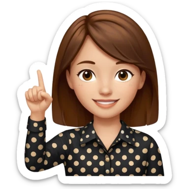 girl wearing a  black polka dots  shirt style, and poiting witgh her hand, her hair brown  sticker