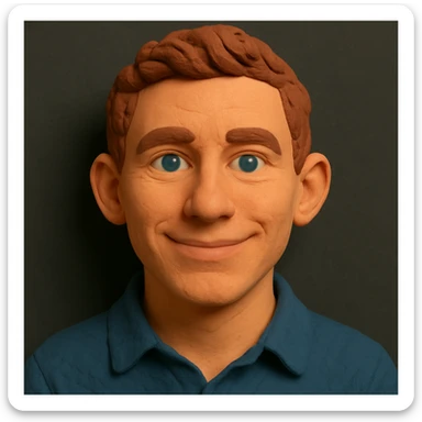Claymation portrait with a younger face, narrower nose, narrower chin, friendly and confident facial expression, slightly larger forehead, anthracite background. Full head and hair in the frame, nothing cropped. sticker