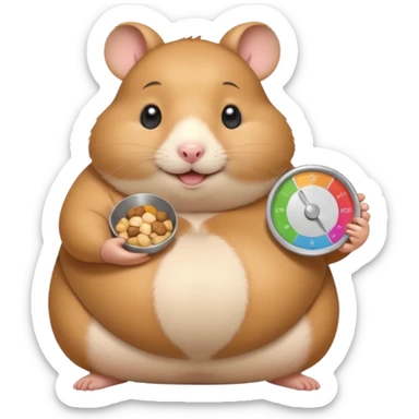 fat hamster holding pregnant belly smiling holding a tiny food scale sticker