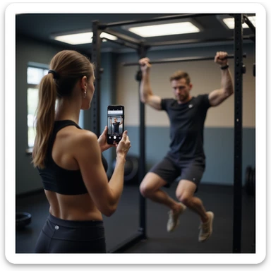 woman in gym wear holding smartphone on stand, recording video check for coach while doing pull-ups on bar, fitness equipment environment, hyperrealistic details, 4K, 3/8 sticker