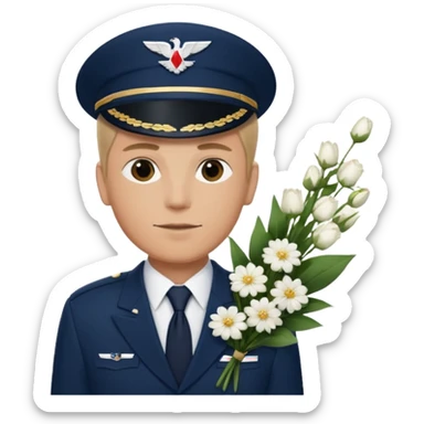 Homme avec bouquet fleurs blanches, avec uniforme bleu foncé cravate rouge comme Air France, arabe raie sur le côté sans chapeau juste insigne sans bouton manchette et un peu bronzée  sticker