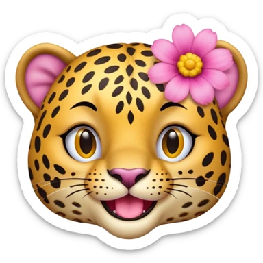 A leopard with big smile. A pink flower with a yellow center is tucked behind its right ear, no tongue
 sticker