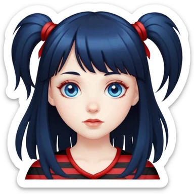 Blue eyes pale girl, long black hair with red striped hair and bangs sticker