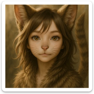 Make features more cat-like with larger cat ears, visible whiskers, feline nose, and a fluffy tail, while keeping the realistic anime style. sticker