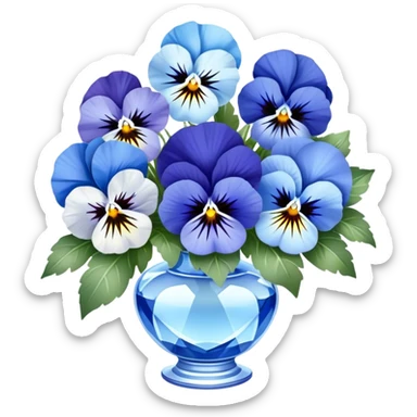 A charming bouquet of deep blue and pastel blue pansies, delicately arranged with hints of periwinkle and sky-blue blooms, wrapped in a pearl satin ribbon and placed in a crystal vase, reflecting soft light. sticker