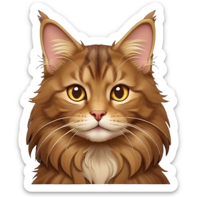 cinematic-cute brown-maine-coon-cat-portrait-emoji,-head-tilted-playfully-and-inquisitively,-sleek--brown-and-gold-tones-with-hints-of-deep-auburn-fur,-simplified-yet-adorable-features,-highly-detailed,-glowing-with-a-warm,-friendly-glow  sticker