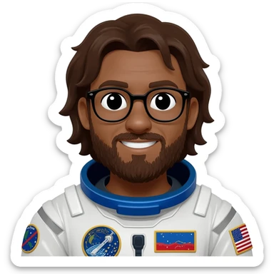 astronaut brown skin, black eyes, glasses and beard smiling a bit long hair sticker