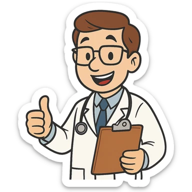 doctor, cartoon style, holding clipboard, smiling sticker