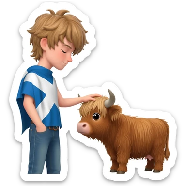femboy with messy light brown bangs covering the eyes with scottish flag on his shoulders pets a cute highland cow sticker