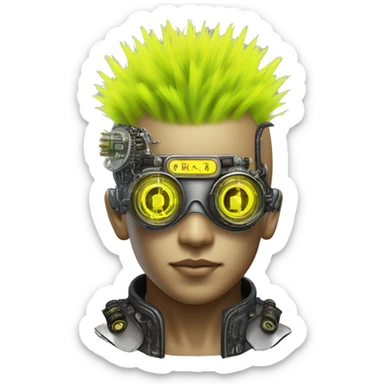 Neon yellow Mohawk hair Asian male cyborg head with silver steampunk goggles and circuits sticker