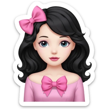black hair with wavy long hair and pink clothes coquette vibes, a bow sticker