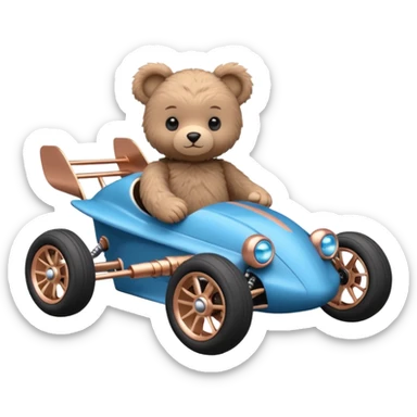dark crystal blue and rosegold-accented rc racing car driven by a small cute fearless teddy baby bear with rear spoiler, roll bar, and wheely bar sticker