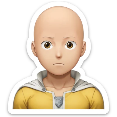 Saitama with blank face from One Punch Man, plain expression, bald head, simple round eyes, yellow hero suit, comical anime look sticker