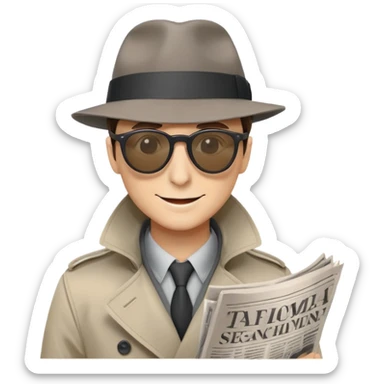 spy with sunglasses and fedora, newspaper covers lower face, only smile and glasses visible, gray trench coat, minimal and round, playful secretive vibe, plain background sticker