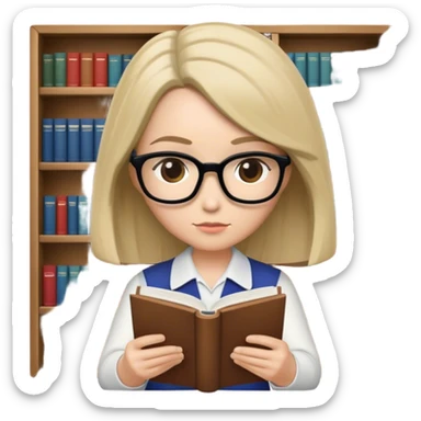 a funkopop type librarian with shoulder length hair reading a book sticker