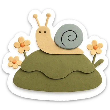 mossy rock with snails and small flowers in earthy pastel colors, paper craft style sticker
