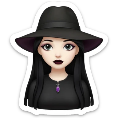 Female Goth with Wide-Brim Hat
 Long straight black hair, white skin, black dress, wide hat casting shadow over eyes. sticker