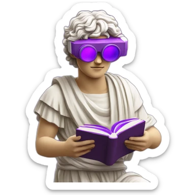 an EMOJI OF A ancient young greek statue reading a book, wearing VR glasses, purple colors, DIGITAL UNIVERSE sticker