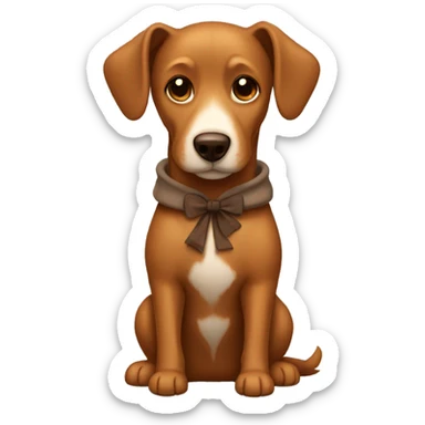 Brown dog wearing a hoodie with a brown bow sticker