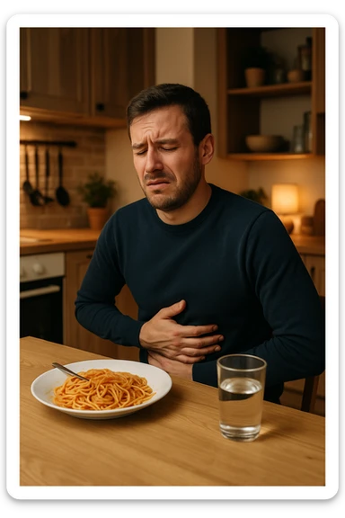 a man sits at a dining table, looking uncomfortable and holding his stomach after eating a plate of pasta. His expression shows mild pain or bloating. On the table, there’s a half-eaten plate of spaghetti, and a glass of water. The background is a cozy kitchen, but the focus is on the man’s discomfort.
 sticker