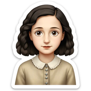 Anne Frank – Cinematic Realistic Portrait of Anne Frank, depicted with a reflective, gentle expression in period clothing, her eyes conveying hope and resilience, rendered with soft, natural lighting and delicate textures that capture the poignancy of her legacy. sticker