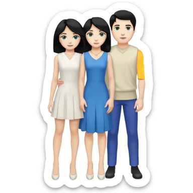 prince, standing upright, black Hair, blue eyes, garment, and woman, bending knee, sleveless white dress, blonde hair, green eyes, sticker