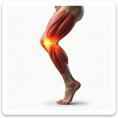 hyperrealistic illustration on white background of a leg with overload: tense posterior thigh muscles, reddened area, foot in flexion, 4K details, variant 7 sticker